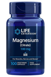 Life Extension Magnesium Citrate 100 mg supplement bottle for muscle and nerve health, gluten-free, 100 vegetarian capsules.